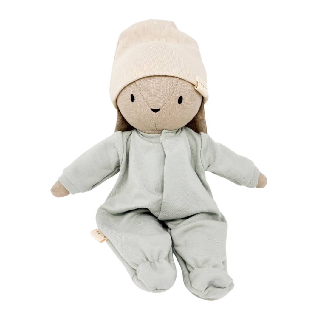 Sootie Bunny + Sage Footed Sleeper + Beige Beanie