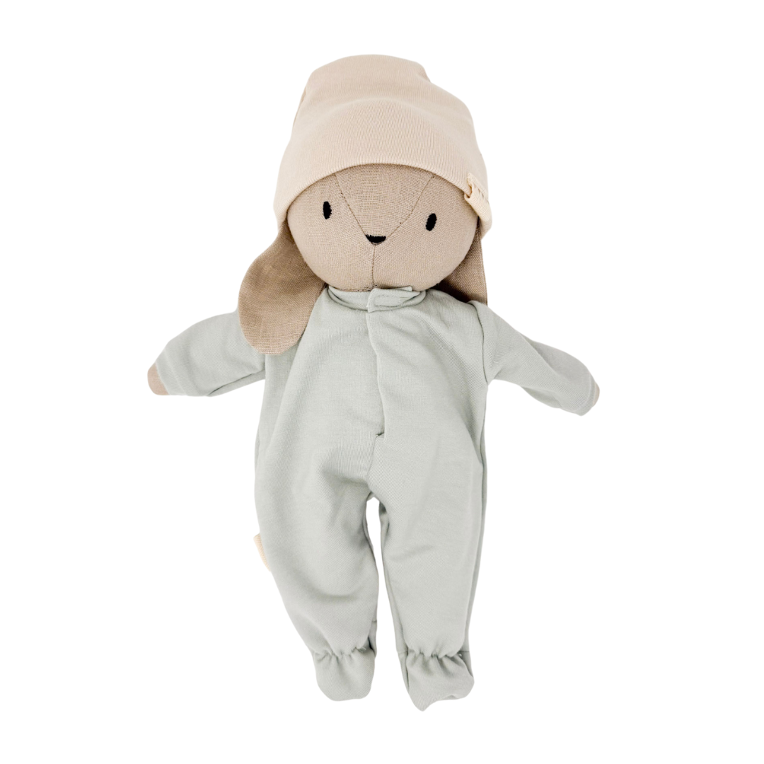 Sootie Bunny + Sage Footed Sleeper + Beige Beanie