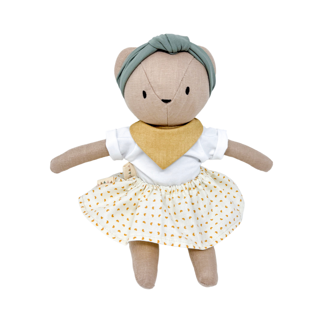 Sandy Bear + Bean Lucy Skirt + Cotton Modal Tee + Gold Bandana Bib + Sage Knotted Headband