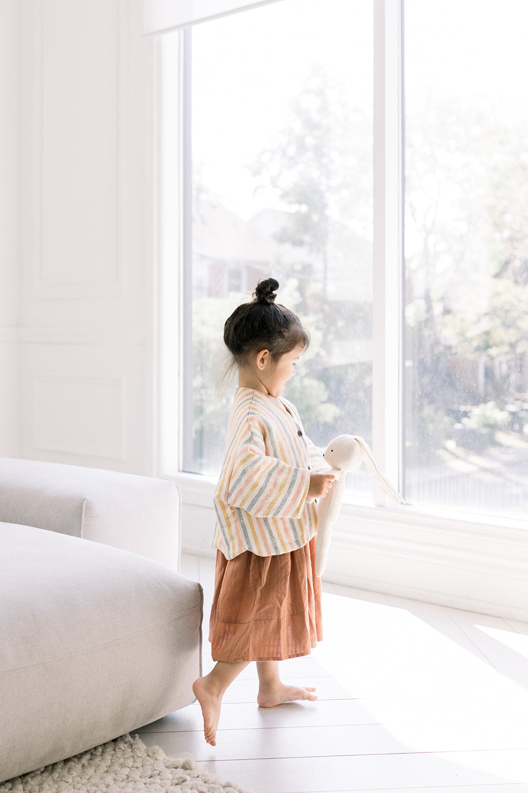 Lumi Bunny + Cotton Modal Tee + Striped Naomi Dress + Caramel Knotted Headband