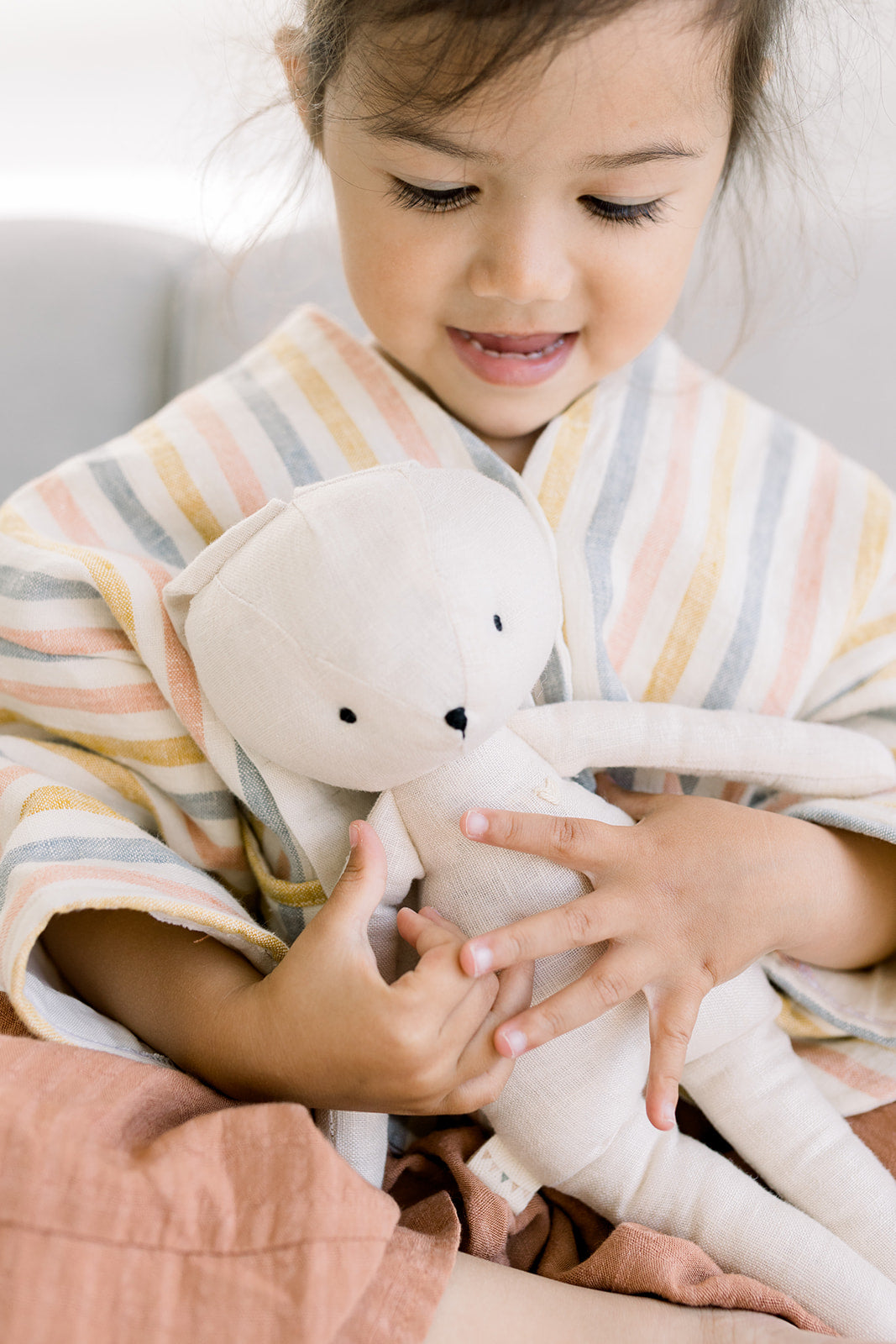 Lumi Bunny + Cotton Modal Tee + Striped Naomi Dress + Caramel Knotted Headband
