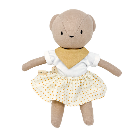 Sandy Bear + Bean Lucy Skirt + Cotton Modal Tee + Gold Bandana Bib + Sage Knotted Headband