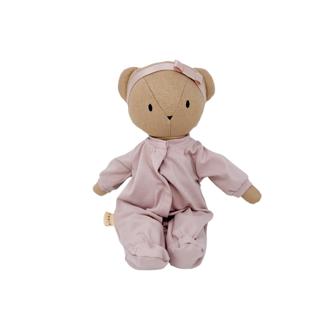 Sandy Bear + Pastel Pink Footed Sleeper & Ribbon Headband