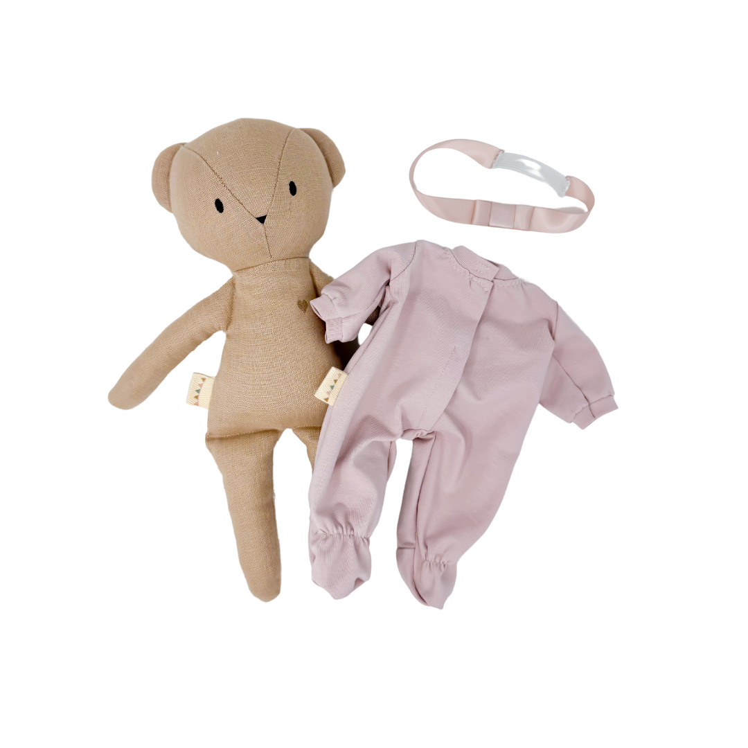 Sandy Bear + Pastel Pink Footed Sleeper & Ribbon Headband