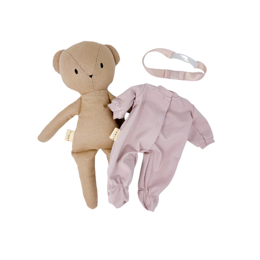 Sandy Bear + Pastel Pink Footed Sleeper & Ribbon Headband