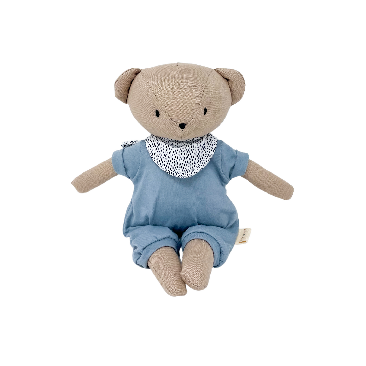 Sandy Bear + Basic Romper in Steel Blue with Polka Dot Bandana Bib