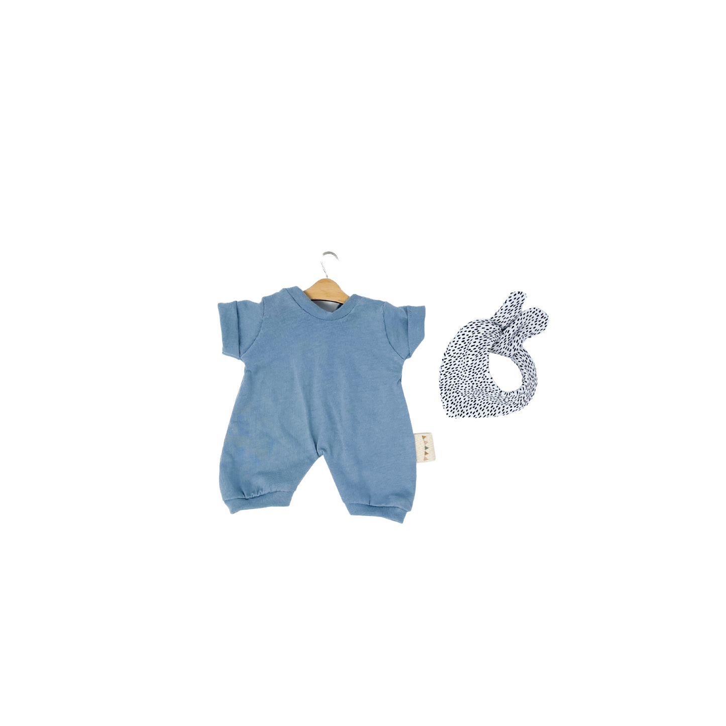 Sandy Bear + Basic Romper in Steel Blue with Polka Dot Bandana Bib