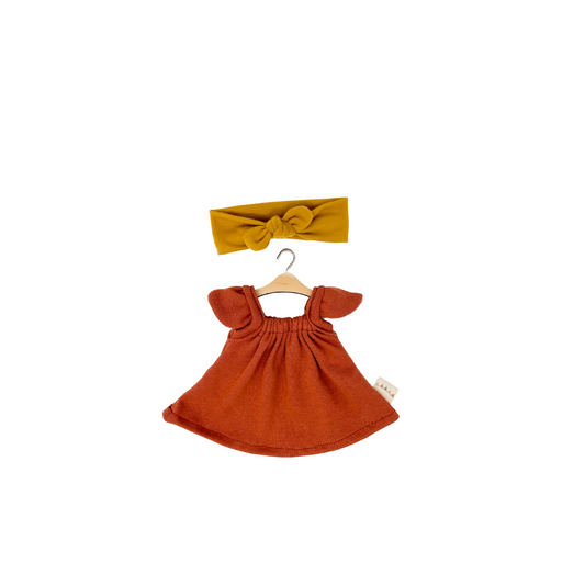 Sootie Bunny + Ribbed Knit Petal Dress in Maroon and Mustard Bow Headband